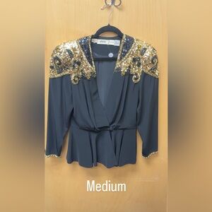 Vintage Black Blazer with Gold Sequin Embellishments